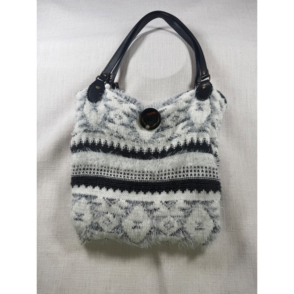 Handmade Upcycled Sweater Tote Bag Fuzzy Knit Black White Gray Polka Dot Lining